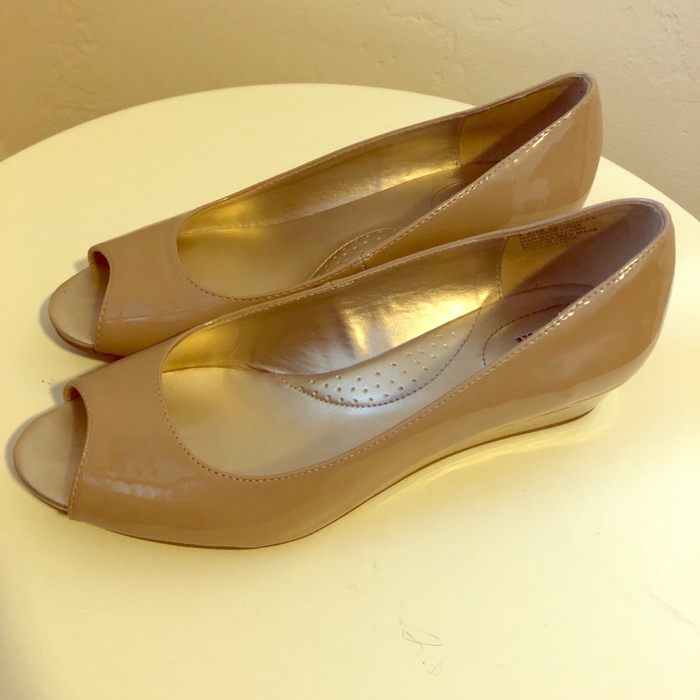 Nude Patent Peep Toe Wedge by Bandolino